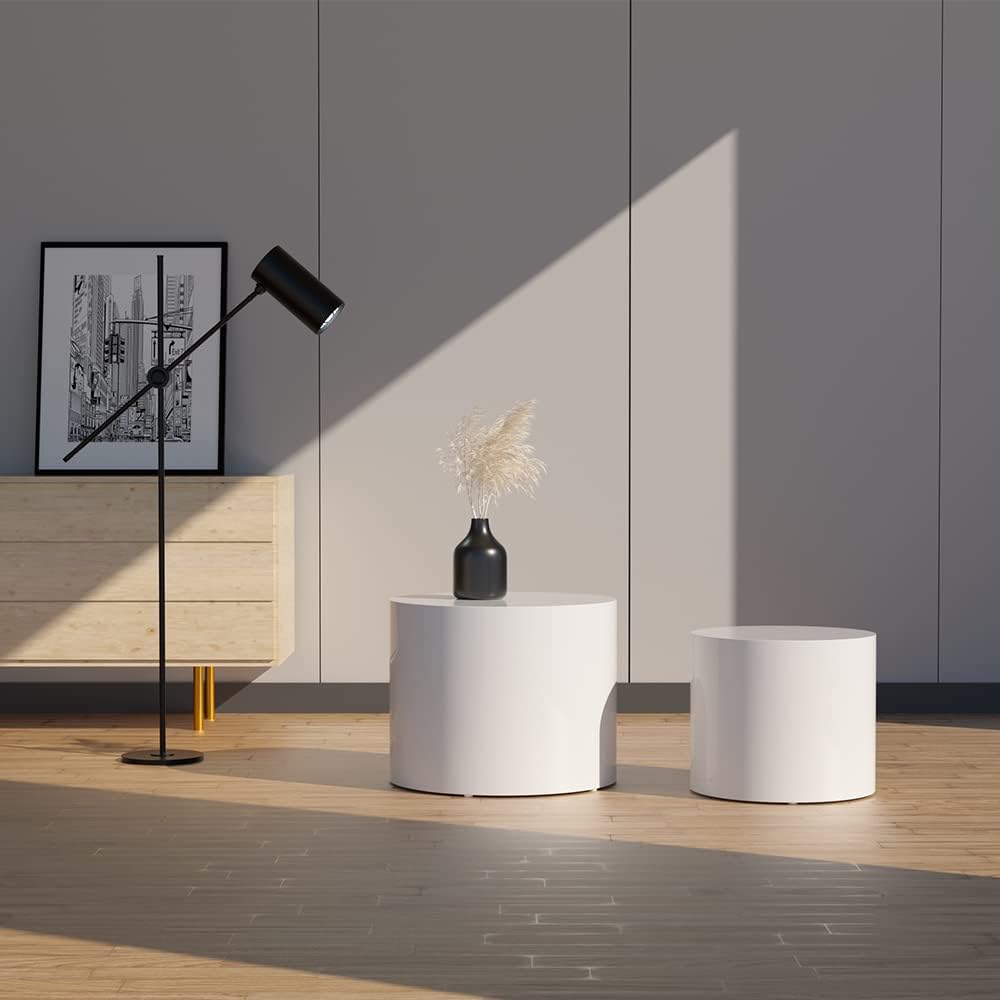 WILLIAMSPACE Nesting Coffee Table Set of 2, Matte White Round Wooden Coffee Tables Modern Circle