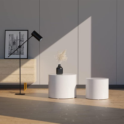 WILLIAMSPACE Nesting Coffee Table Set of 2, Matte White Round Wooden Coffee Tables Modern Circle