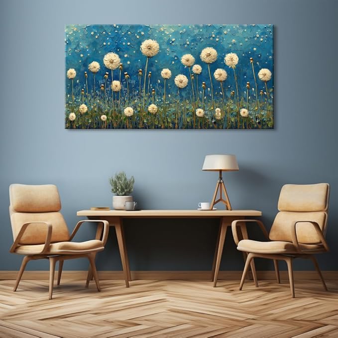 LASMOND Teal Dandelion Wall Art for Living Room Abstract Blowball Canvas Painting Prints Large