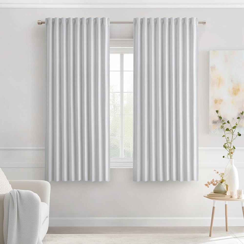 MIULEE Greyish White Back Tab Blackout Curtains 63 Inches Long 2 Panels Set for Living Room Bedroom