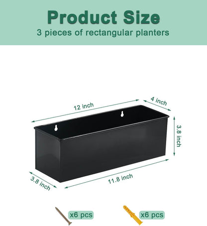 vensovo Metal Wall Hanging Planter Boxes – 12" Rectangle Flower Pots, 3 Pack with Drainage, Durable