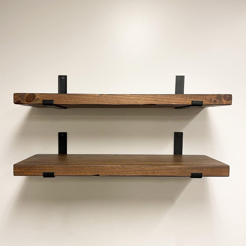 Rustic Shelves with J-Brackets Set of 2, Industrial Shelf, Kitchen Shelves, Solid Wood, Decorative