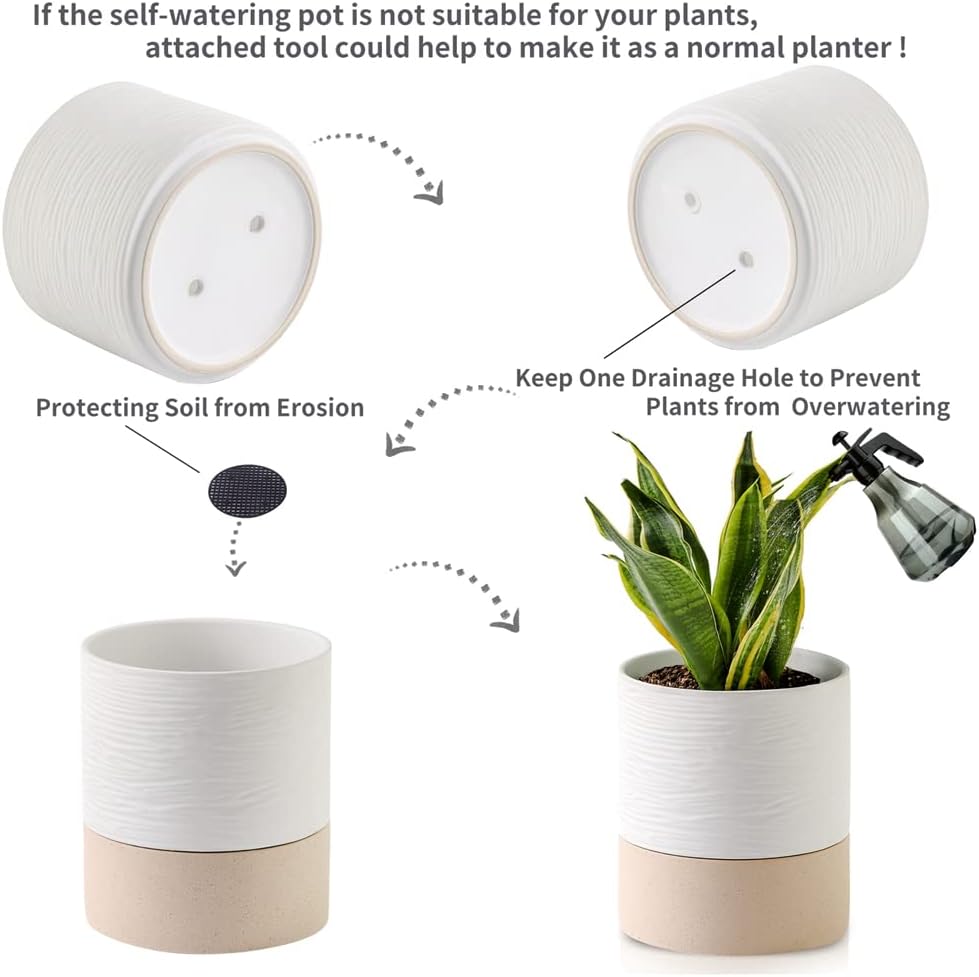 Nihow Self Watering Plant Pot: 6 Inch Ceramic Planter with Drainage Hole & Water Storage Plus for