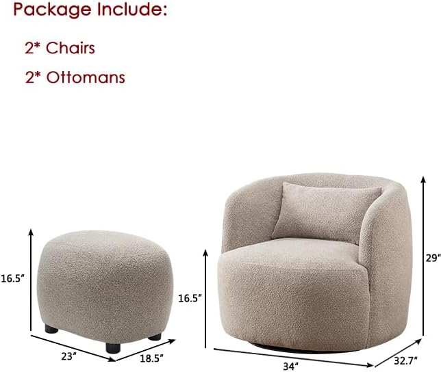 KINWELL 34" Wide 2 Boucle Swivel Barrel Chairs and 2 Ottomans Set, Fully Assembled Sherpa Accent