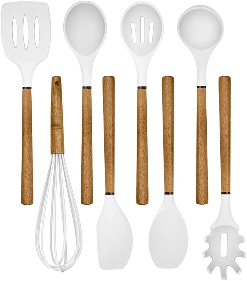 Country Kitchen Non Stick Silicone Utensil Set with Rounded Wood Handles for Cooking and Baking, 8