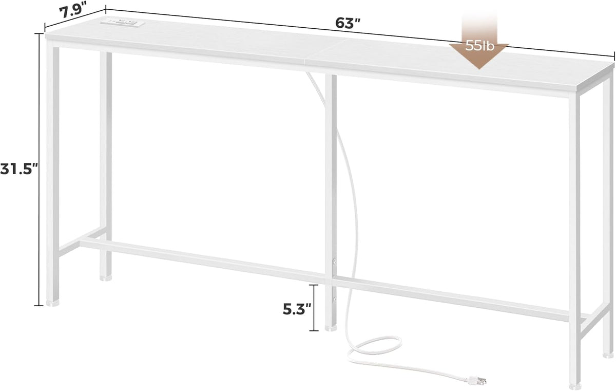 SUPERJARE Console Table with Outlet, 63 Inch Sofa Table with Charging Station, Narrow Entryway