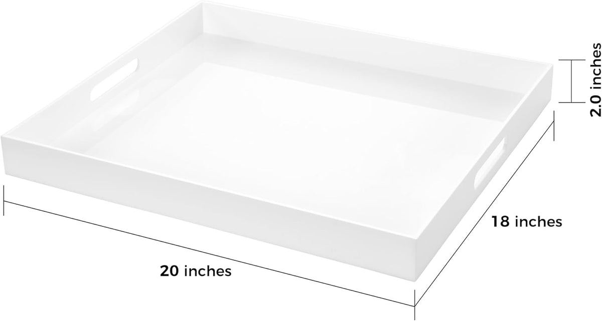 White Rectangular 18x20 Inches Acrylic Ottoman Tray Decorative Serving Tray with Cutout Handles