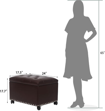 Leather Storage Ottoman Bench with Steerable Rolling Wheels, Rectangle 24 Inch Foot Rest Ottomans