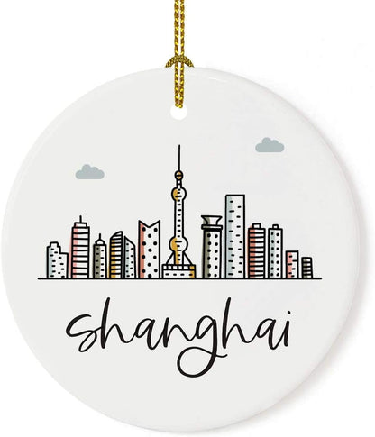 Andaz Press Round Ceramic Porcelain Christmas Tree Ornament Keepsake Gift, Shanghai, Colorful