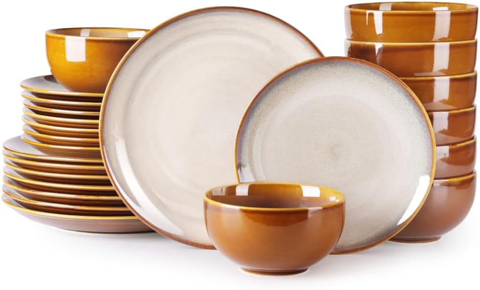 LERATIO Ceramic Dinnerware Sets for 8,Stoneware Plates and Bowls Sets,Handmade Reactive Glaze