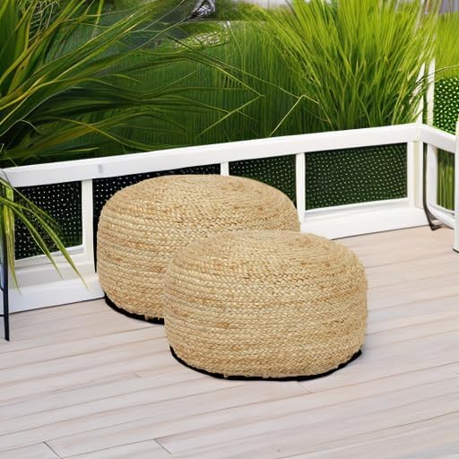 REDEARTH · Jute Circular Low Pouf Ottoman - Braided Pouffe Accent Sitting Round Footrest for Living