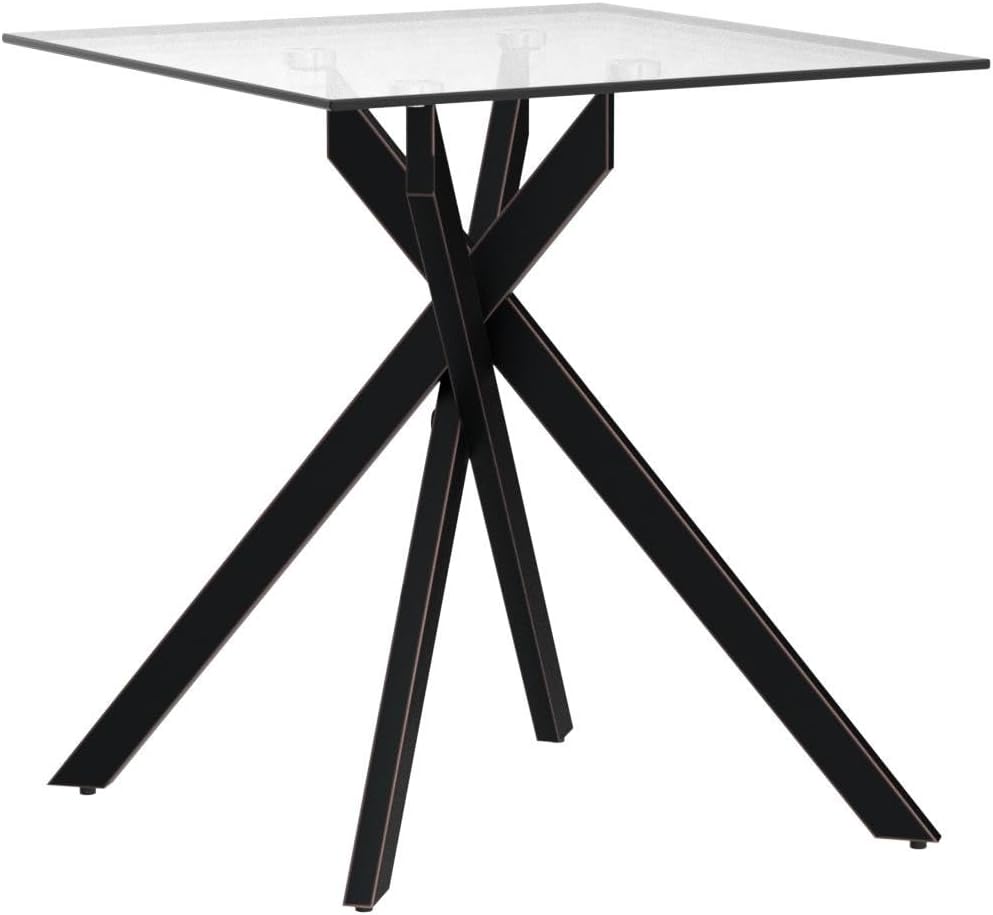 Modern Style Square Side Table with Grey Tempered Glass Top and Black Metal Tubular Legs with Gold