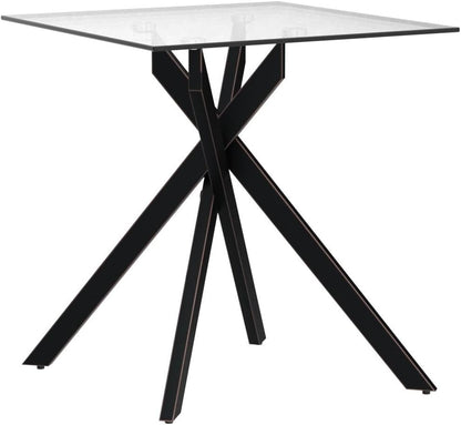 Modern Style Square Side Table with Grey Tempered Glass Top and Black Metal Tubular Legs with Gold