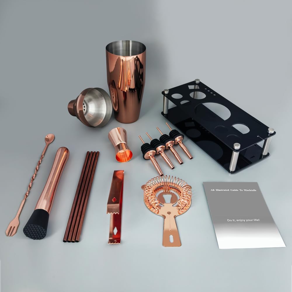 14-Piece Cocktail Shaker Set Bartender Kit with Black Stand, Bar Tool Set for Drink Mixing