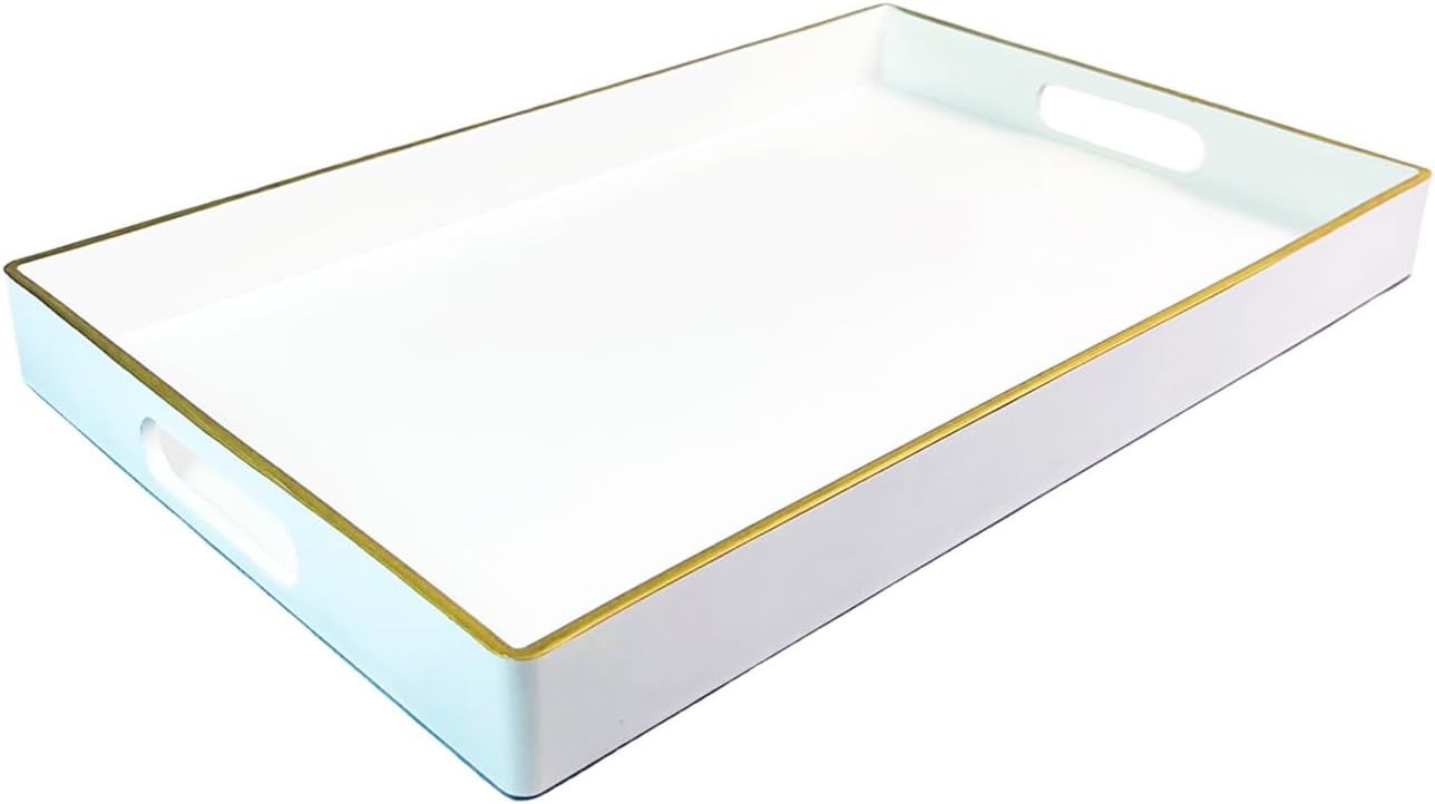 Large White Rectangular Decorative Tray – Plastic Serving Tray with Handles for Coffee Table