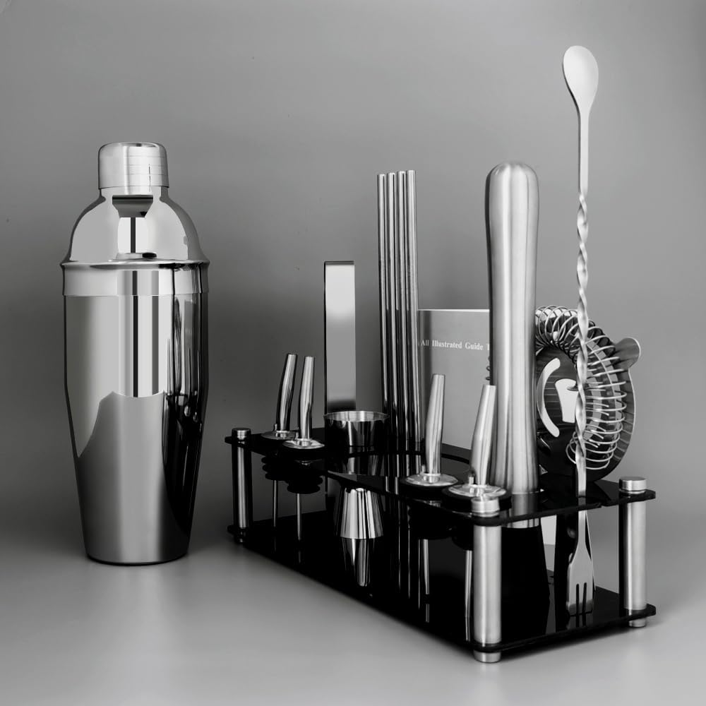 14-Piece Cocktail Shaker Set Bartender Kit with Black Stand, Bar Tool Set for Drink Mixing