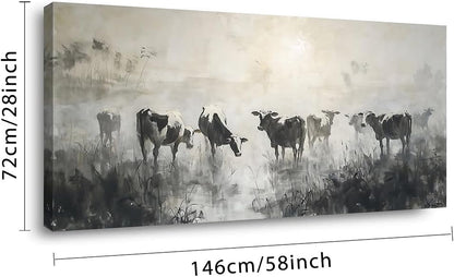 LASMOND Black and White Cow Wall Art for Living Room Ink Wash Canvas Painting Prints Morning Cattle
