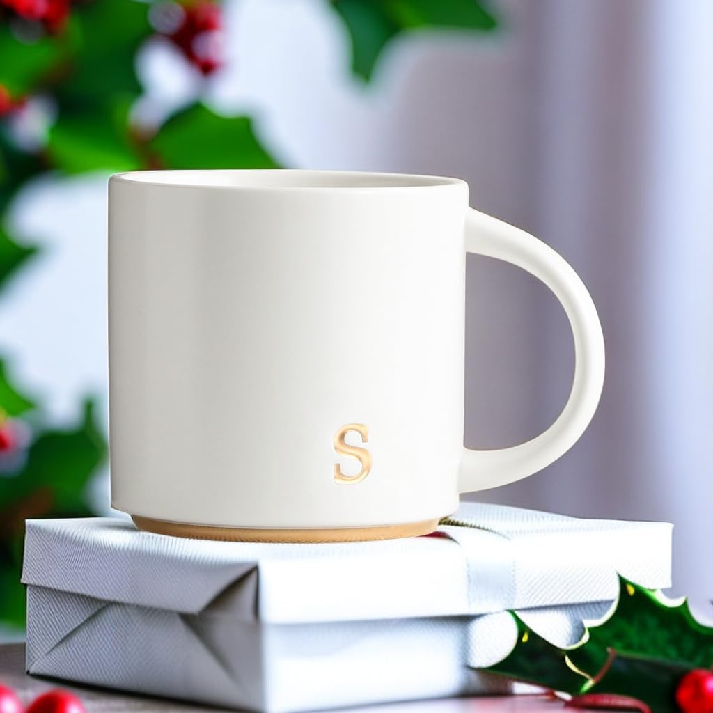 COLLECTIVE HOME - Monogram Ceramic Mugs, 15 oz Golden Initial Coffee Cups, Elegant Alphabet Tea