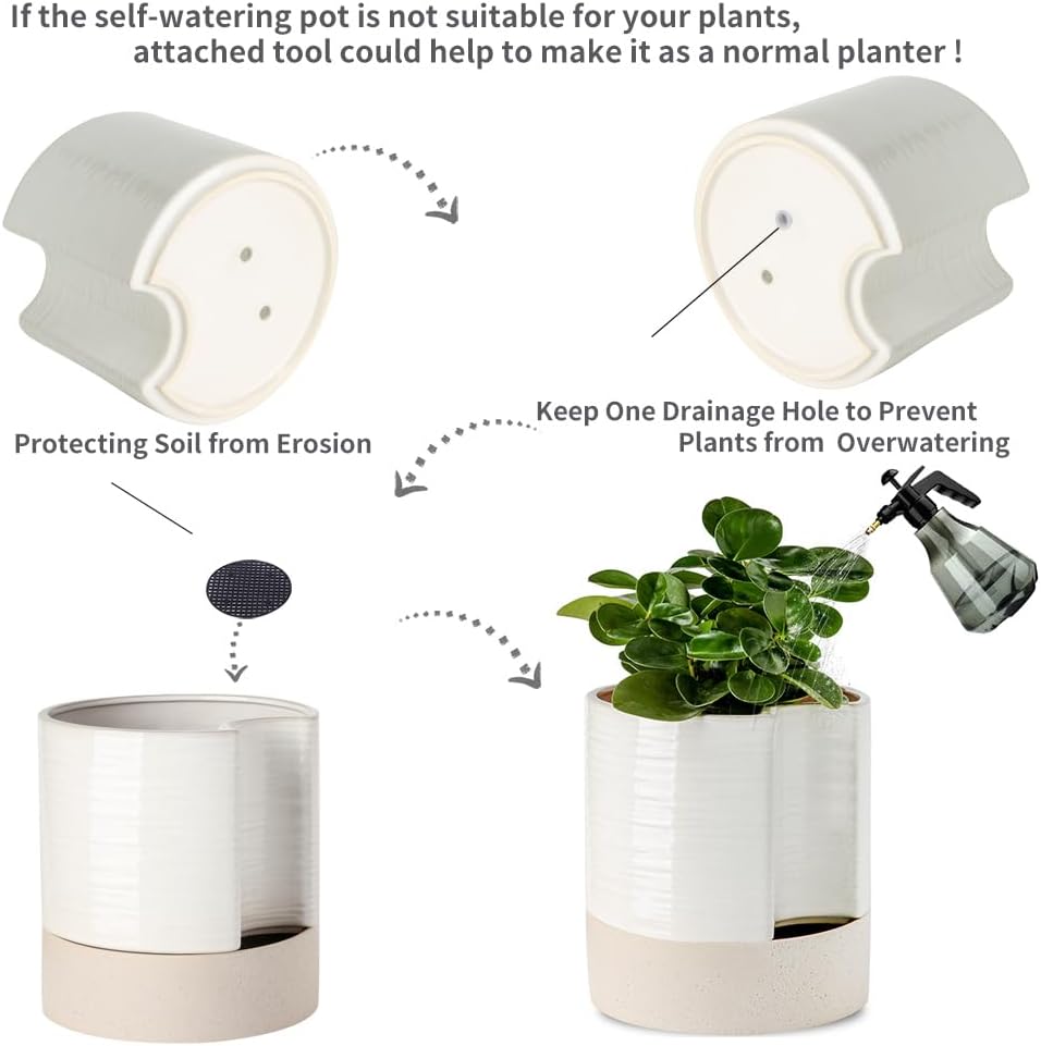 Nihow Self Watering Plant Pot: 8 Inch Ceramic Planter with Drainage Hole & Water Storage Plus for