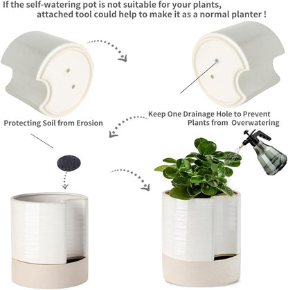 Nihow Self Watering Plant Pot: 8 Inch Ceramic Planter with Drainage Hole & Water Storage Plus for