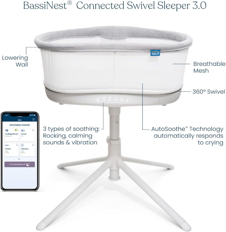 HALO BassiNest Connected Swivel Sleeper 3.0 – Smart Bassinet with AutoSoothe™, 360° Swivel, Cry