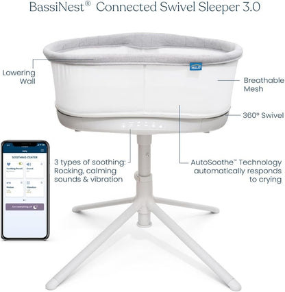 HALO BassiNest Connected Swivel Sleeper 3.0 – Smart Bassinet with AutoSoothe™, 360° Swivel, Cry