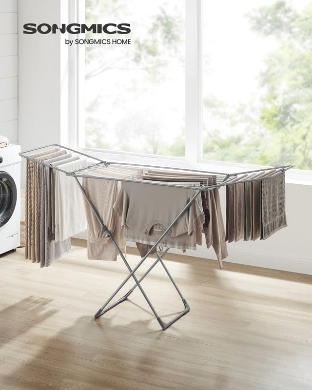 SONGMICS Clothes Drying Rack, Metal Laundry Drying Rack, Foldable, Space-Saving, Free-Standing