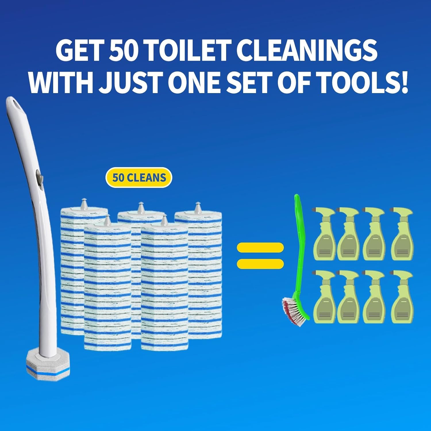 Disposable Toilet Cleaning Wand Set with 50 Refill Pads, Wall-Mounted Holder, Long Handle Toilet