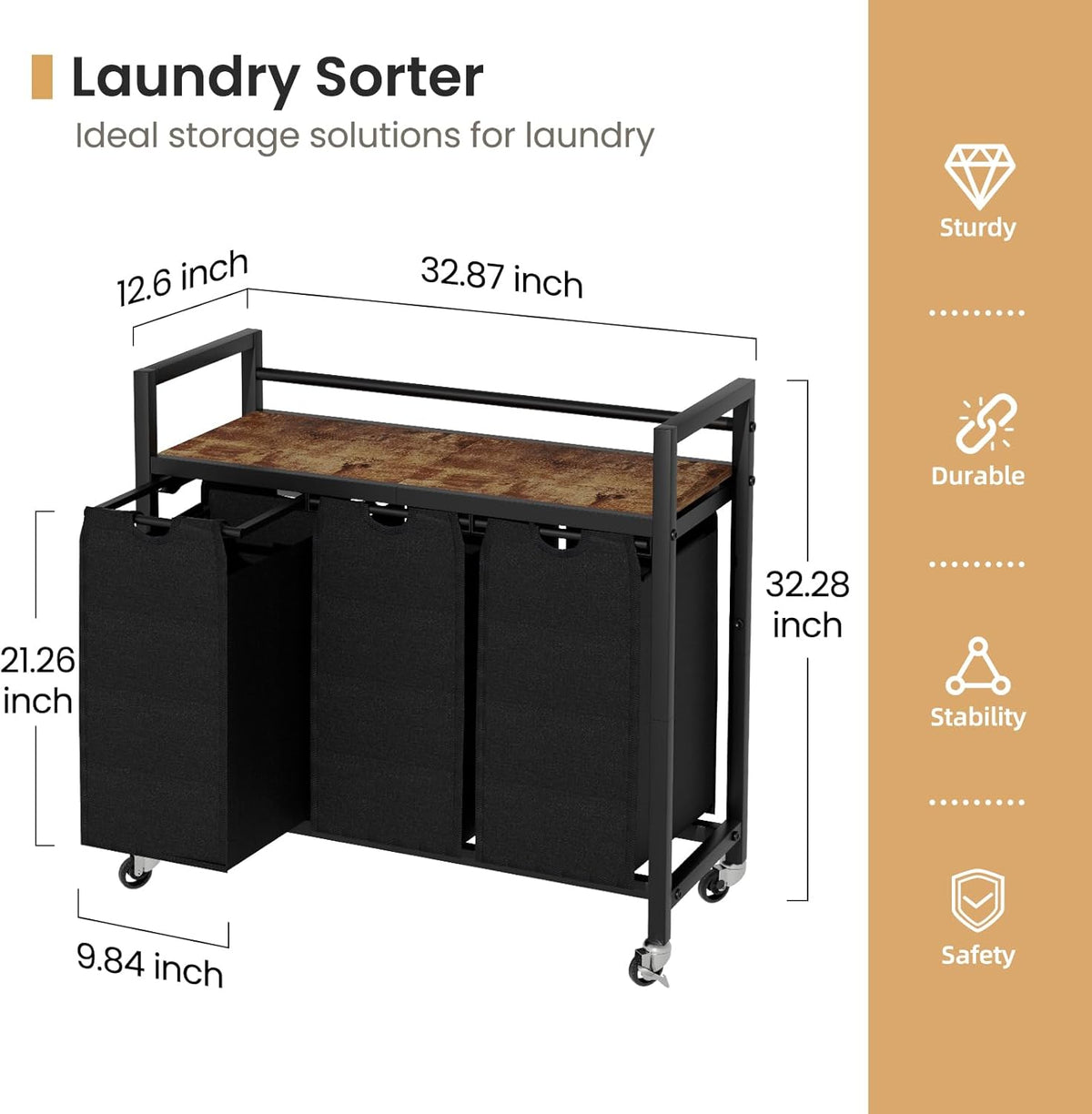 Laundry Hamper, Laundry Basket, Laundry Sorter with 3 Removable Bags, Clothes Basket with 3