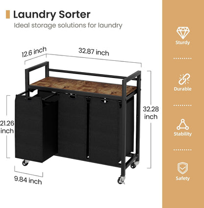 Laundry Hamper, Laundry Basket, Laundry Sorter with 3 Removable Bags, Clothes Basket with 3