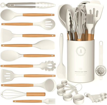 Silicone Cooking Utensils Set - Silicone Kitchen Utensils for Cooking Wooden Handles, 446°F Heat