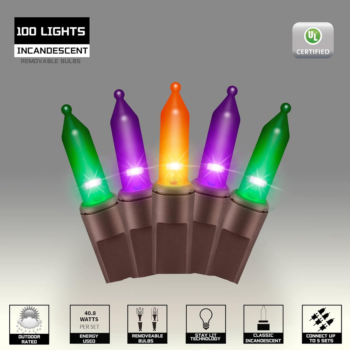 100LIGHTS Orange Purple and Green Extra-Bright with End Connectors Halloween Decorative Lights