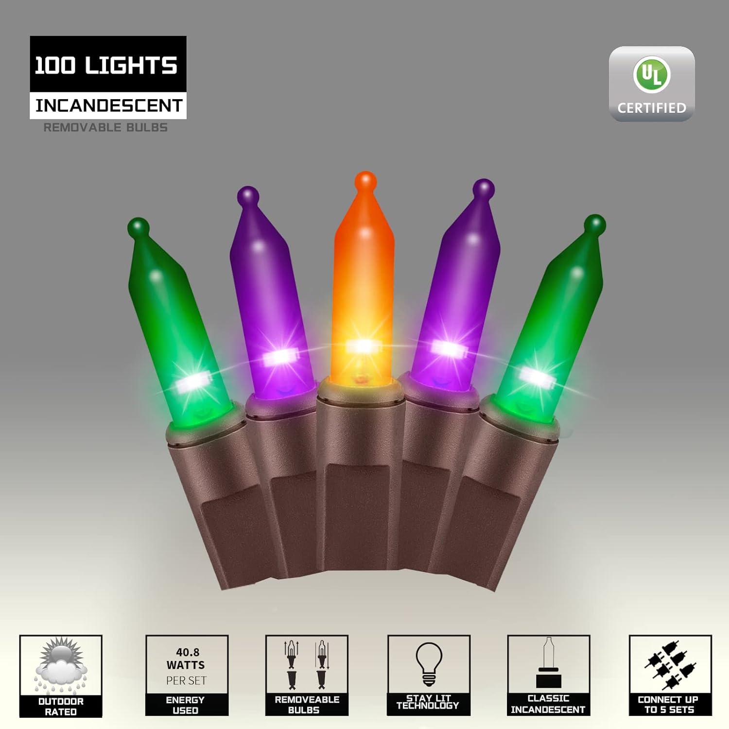 100LIGHTS Orange Purple and Green Extra-Bright with End Connectors Halloween Decorative Lights
