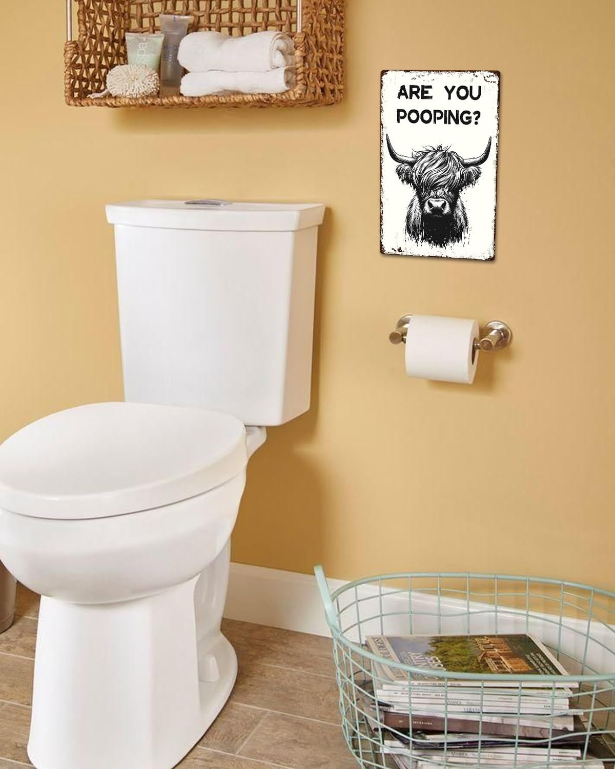 ALKB Funny Highland Cow Are You Pooping Metal Signs Vintage Farmhouse Bathroom Wall Decor Highland