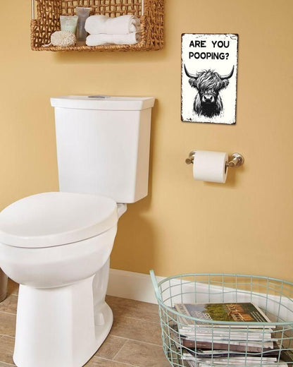 ALKB Funny Highland Cow Are You Pooping Metal Signs Vintage Farmhouse Bathroom Wall Decor Highland