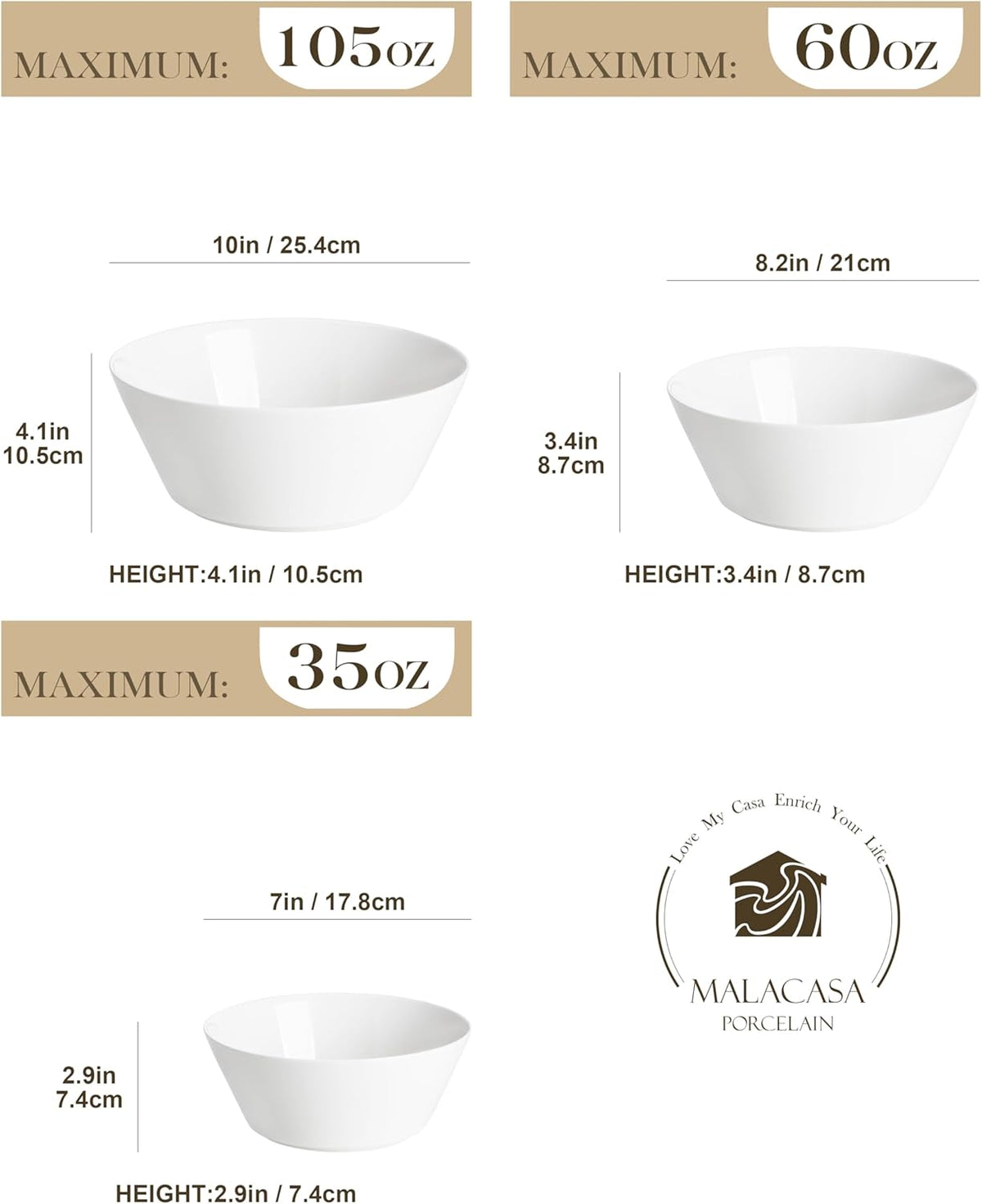 MALACASA Serving Bowls, Ceramic Mixing Bowls for Kitchen, 105/60/35 OZ White Bowls Set of 3