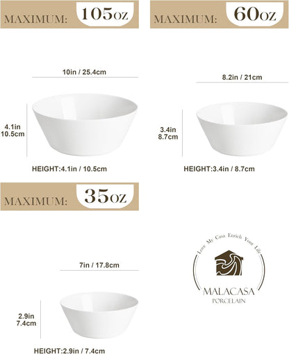 MALACASA Serving Bowls, Ceramic Mixing Bowls for Kitchen, 105/60/35 OZ White Bowls Set of 3