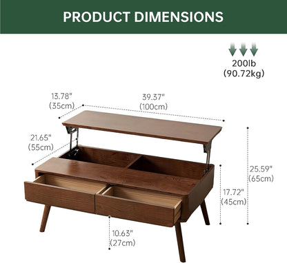 Solid Oak Wood Lift Top Coffee Table for Living Room, Mid Century Modern Tables with Drawers and