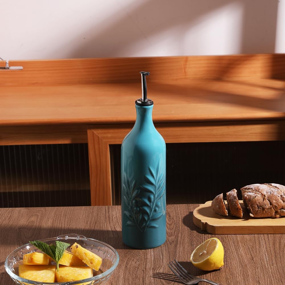 Sweejar Large Ceramic Olive Oil Dispenser Bottle, 24 Oz Relief Opaque Oil Cruet Protects Liquids