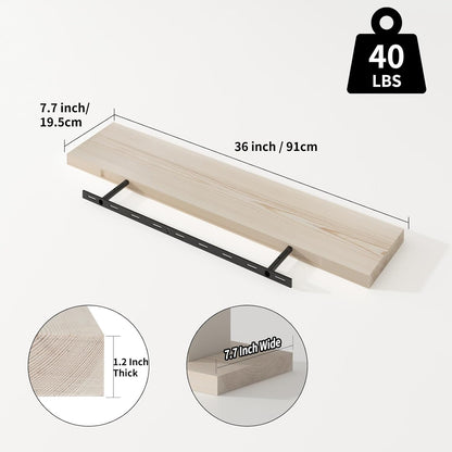SAUMONIERES Floating Shelves 8 Inch Deep Solid Wood Wide Wall Shelf Set of 2 Wall Mounted for