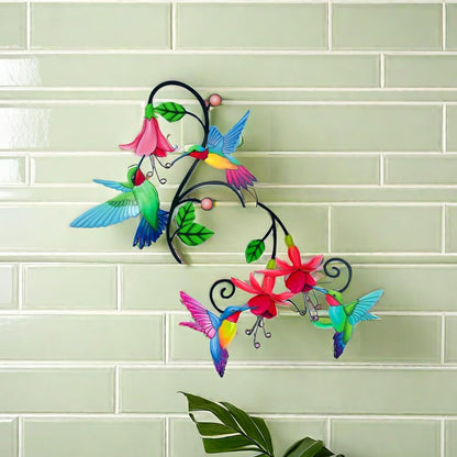 2 Pack Metal Hummingbird & Flower Outdoor Wall Art Decor, Creative Wall Decor for Patio, Fence