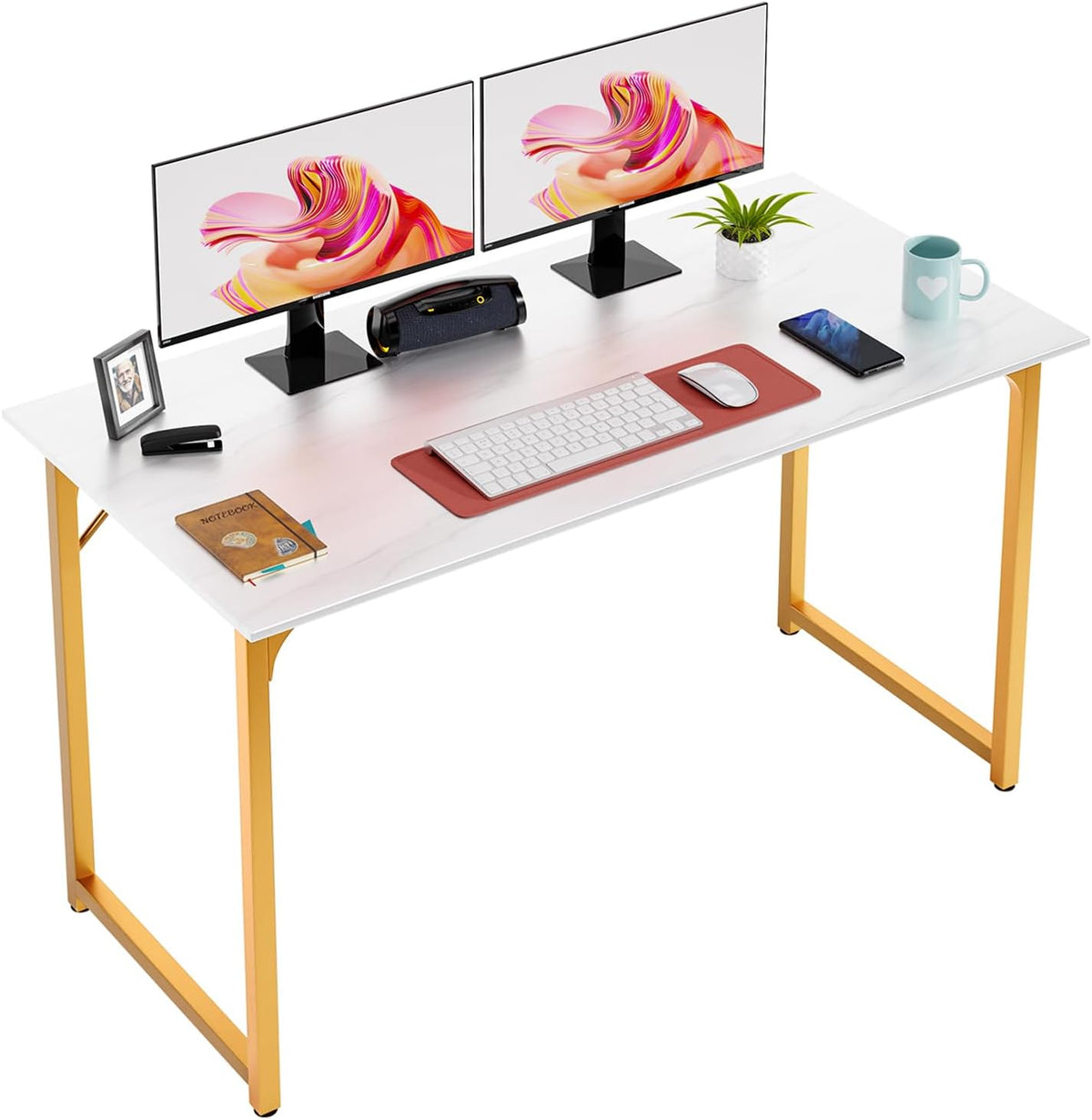 PayLessHere | 47 Inch Computer Desk | White Gold | Office Desk with Metal Frame, Adjustable Feet |