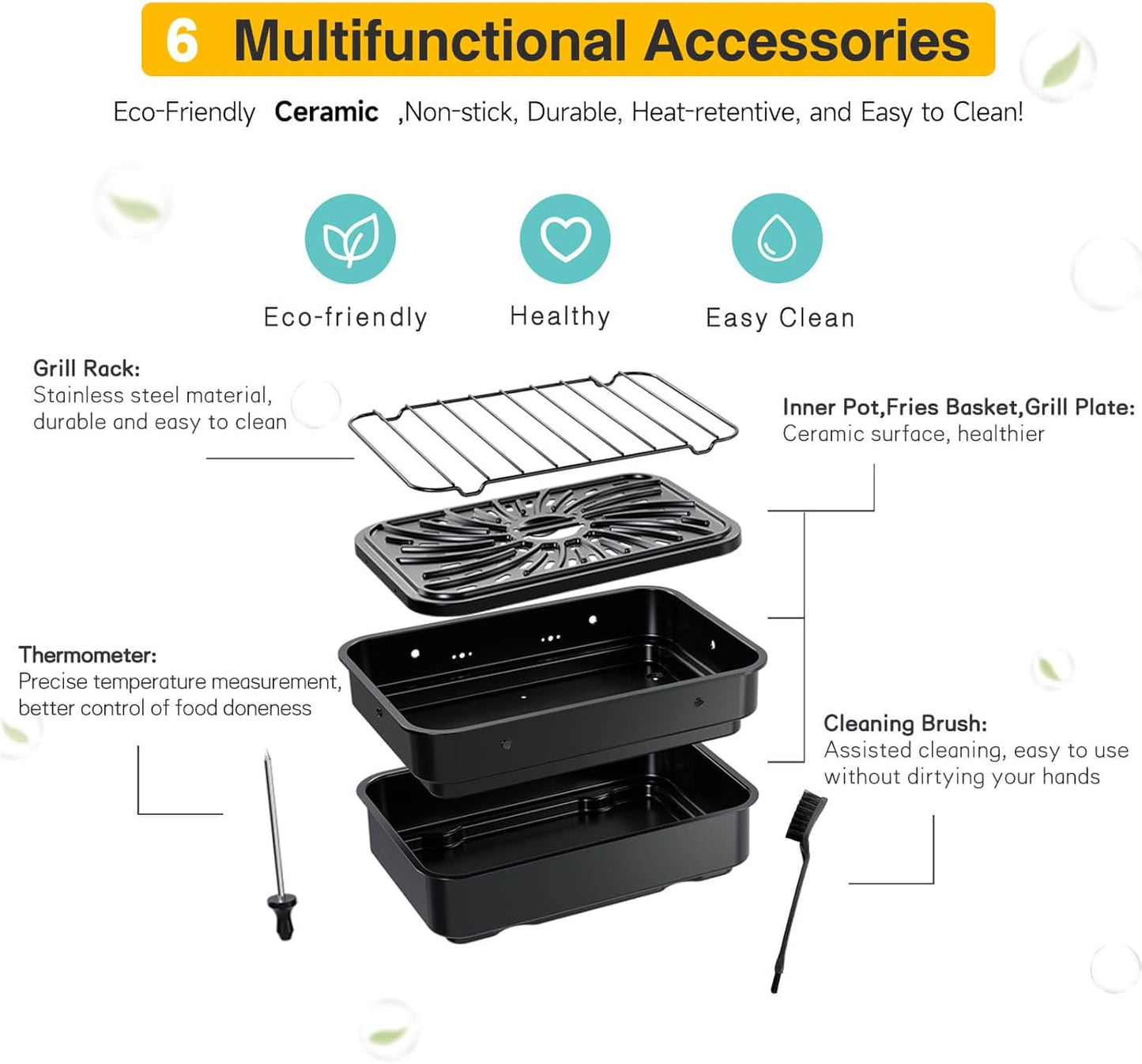 Indoor Grill and Air Fryer Combo with Ceramic Accessories, 7-IN-1 Digital Display, 5.2 QT Electric