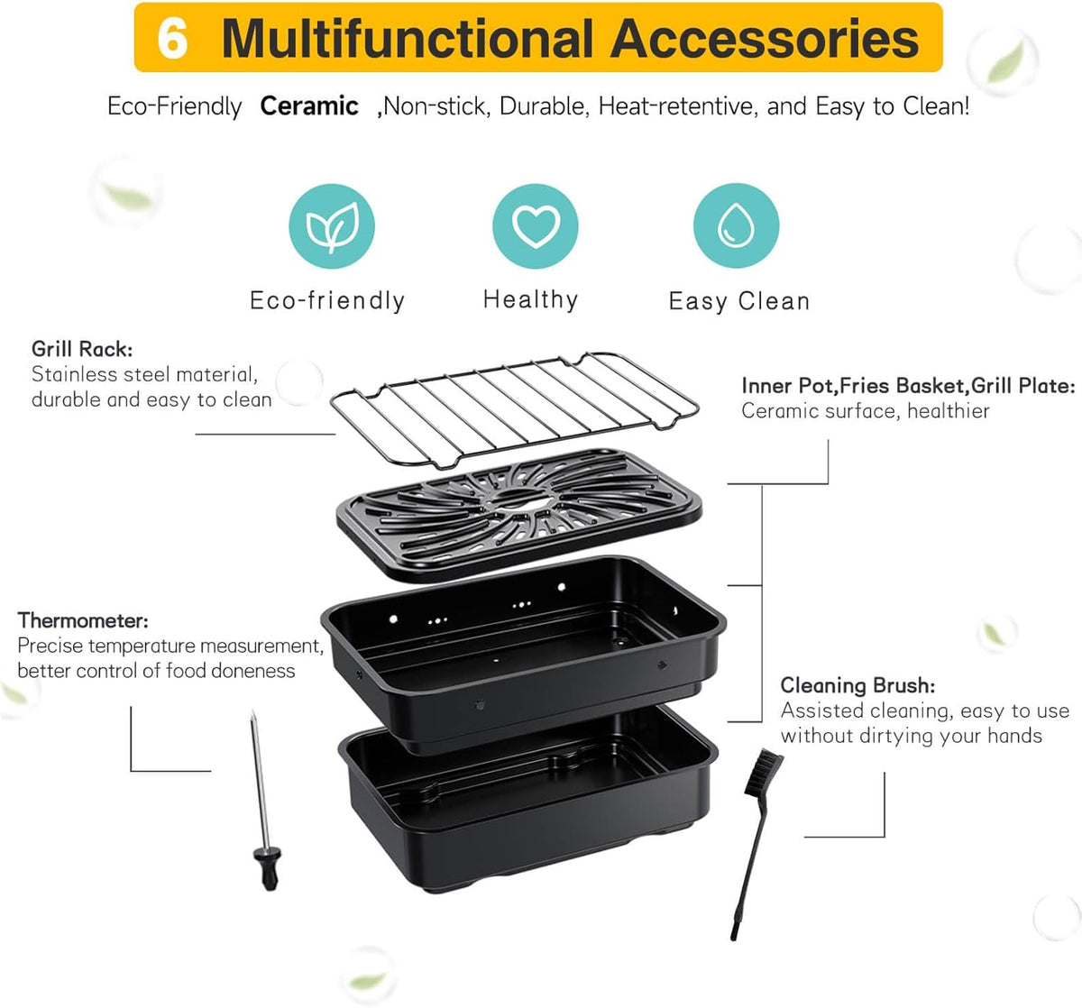 Indoor Grill and Air Fryer Combo with Ceramic Accessories, 7-IN-1 Digital Display, 5.2 QT Electric