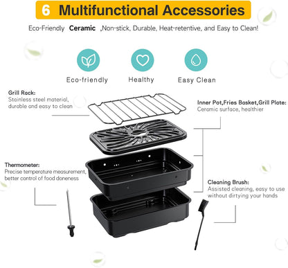 Indoor Grill and Air Fryer Combo with Ceramic Accessories, 7-IN-1 Digital Display, 5.2 QT Electric