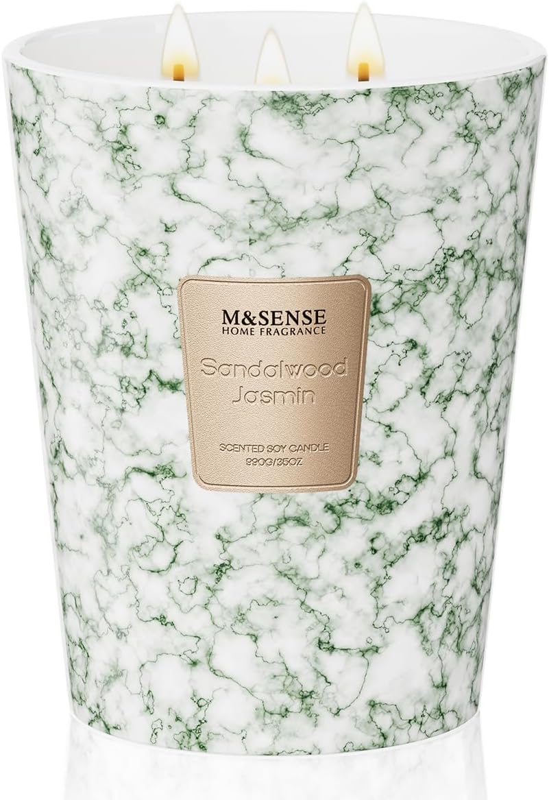 M&SENSE Sandalwood Jasmine Scented Candles for Home, 3-Wick Highly Scented Jar Candles, Extra Large