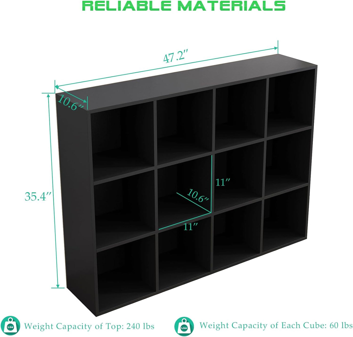 12-Cube Storage Shelf Bookcase - Wooden 3-Tier Floor Standing Open Bookshelf for Home and Office