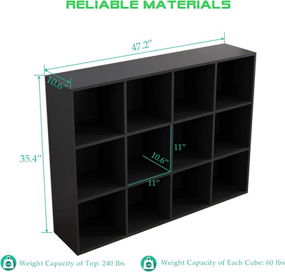 12-Cube Storage Shelf Bookcase - Wooden 3-Tier Floor Standing Open Bookshelf for Home and Office