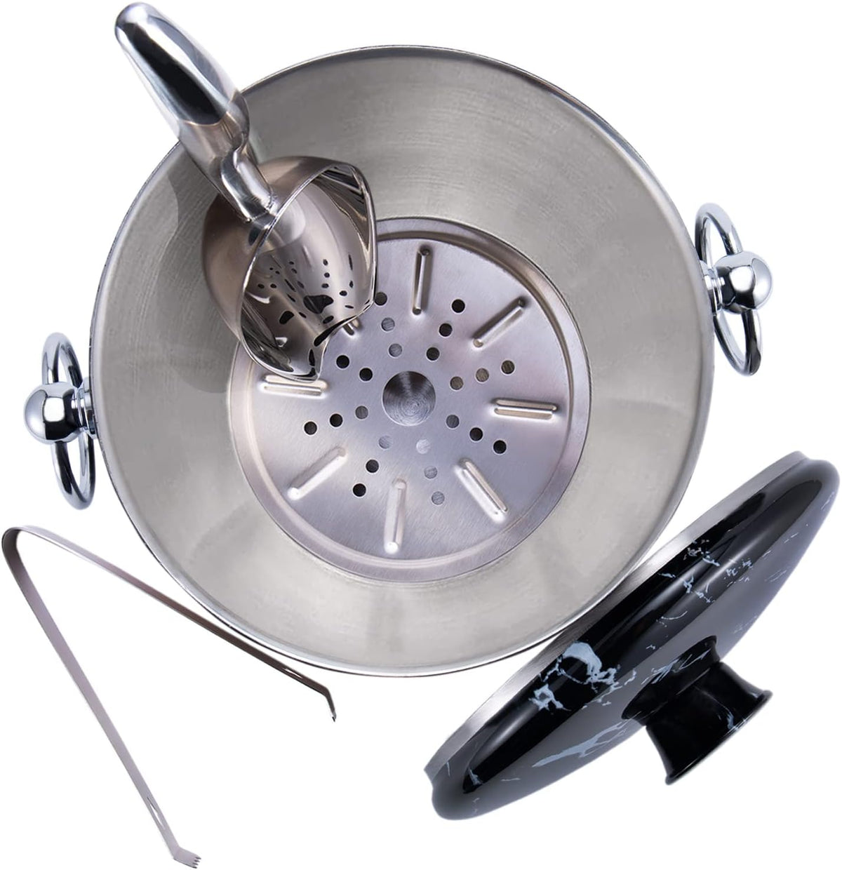 Ice Bucket with Lid, Scoop, Tongs and Strainer - Well Made Insulated Stainless Steel Keep Ice