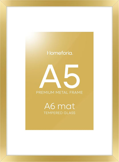 Homeforia A5 Picture Frame Gold, High End Metal 5.8 x 8.3 Frames Matted to 4.1 by 5.8 inch Photo